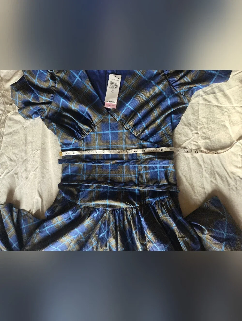 NWT Avec Les Filles Plaid Puff Sleeve Tie Belt Midi Dress - Size 12